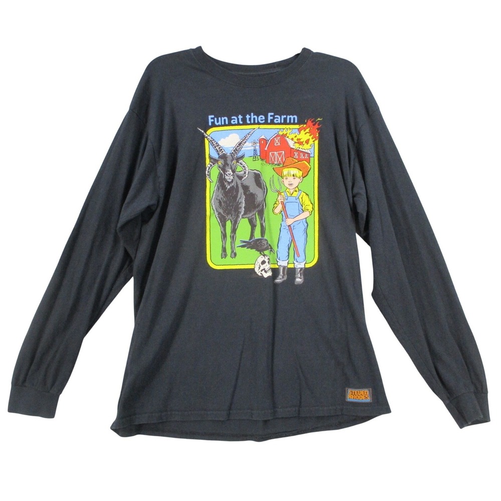 Steven Rhodes Fun at the Farm Long Sleeve Graphic-T Mens Large Black Retro Shirt